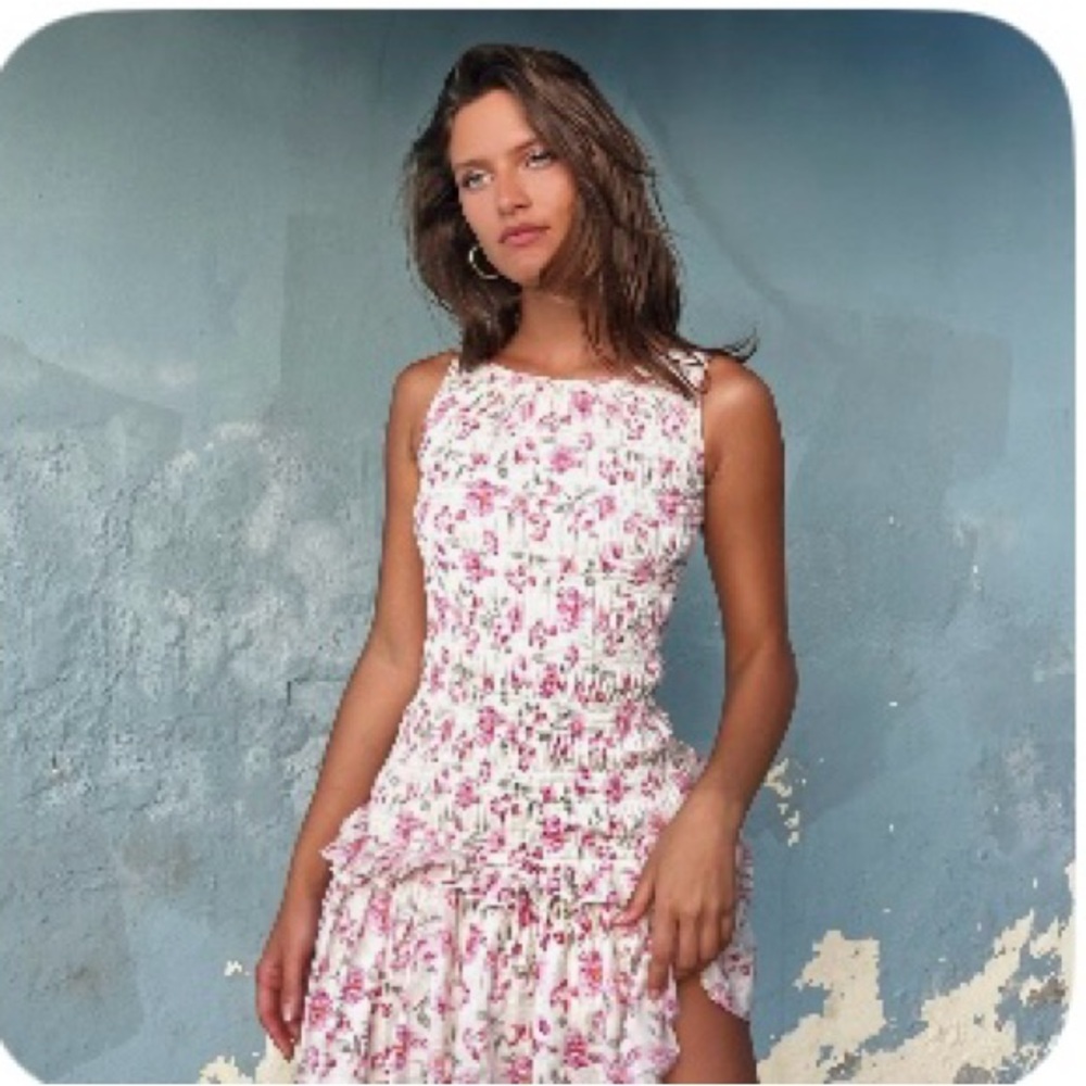 Sleeveless Smocked Mini Dress in Pink Cream Floral
